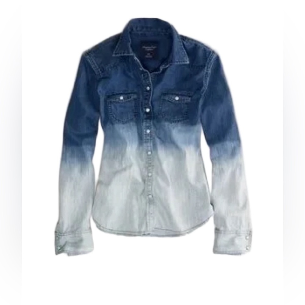 American Eagle Ombre Chambray Denim Button Down Shirt Small Y2K Western Top
